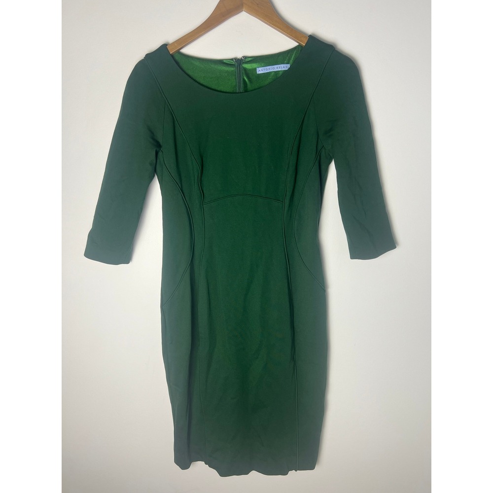 Antonio Melani Sheath Dress Wm Sm 4/6 Green 3/4 Sleeve Scoop Neck Formal Party